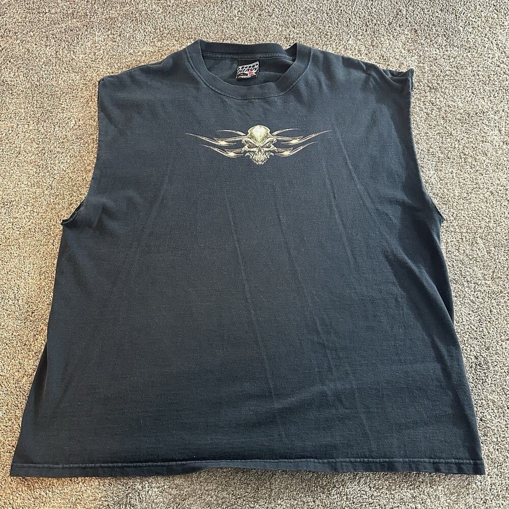 Vtg Y2K Top Heavy Skull Black T Shirt XL Cut Off Jnco Style Sleeve Grunge Skater